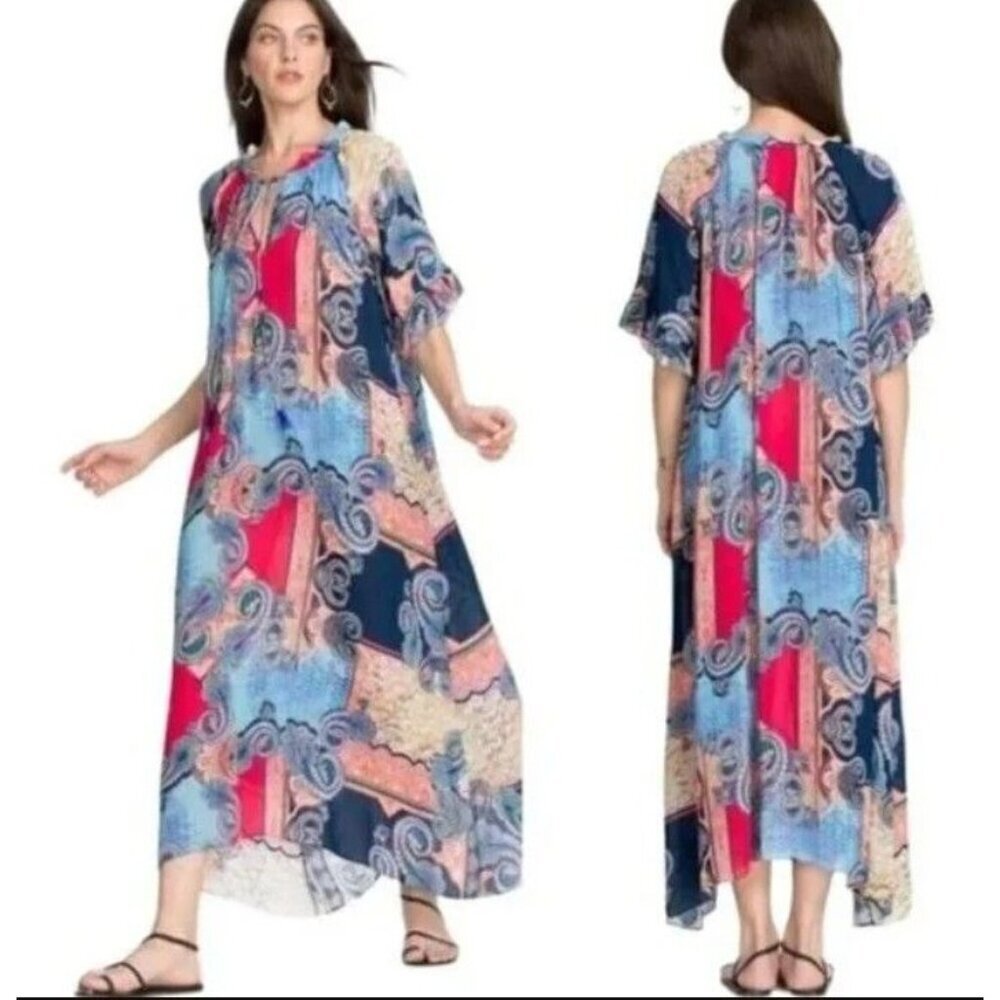 Johnny Was Dress Cordelia Easy Midi Beaded Tassel Tie Lightweight Size M NWT